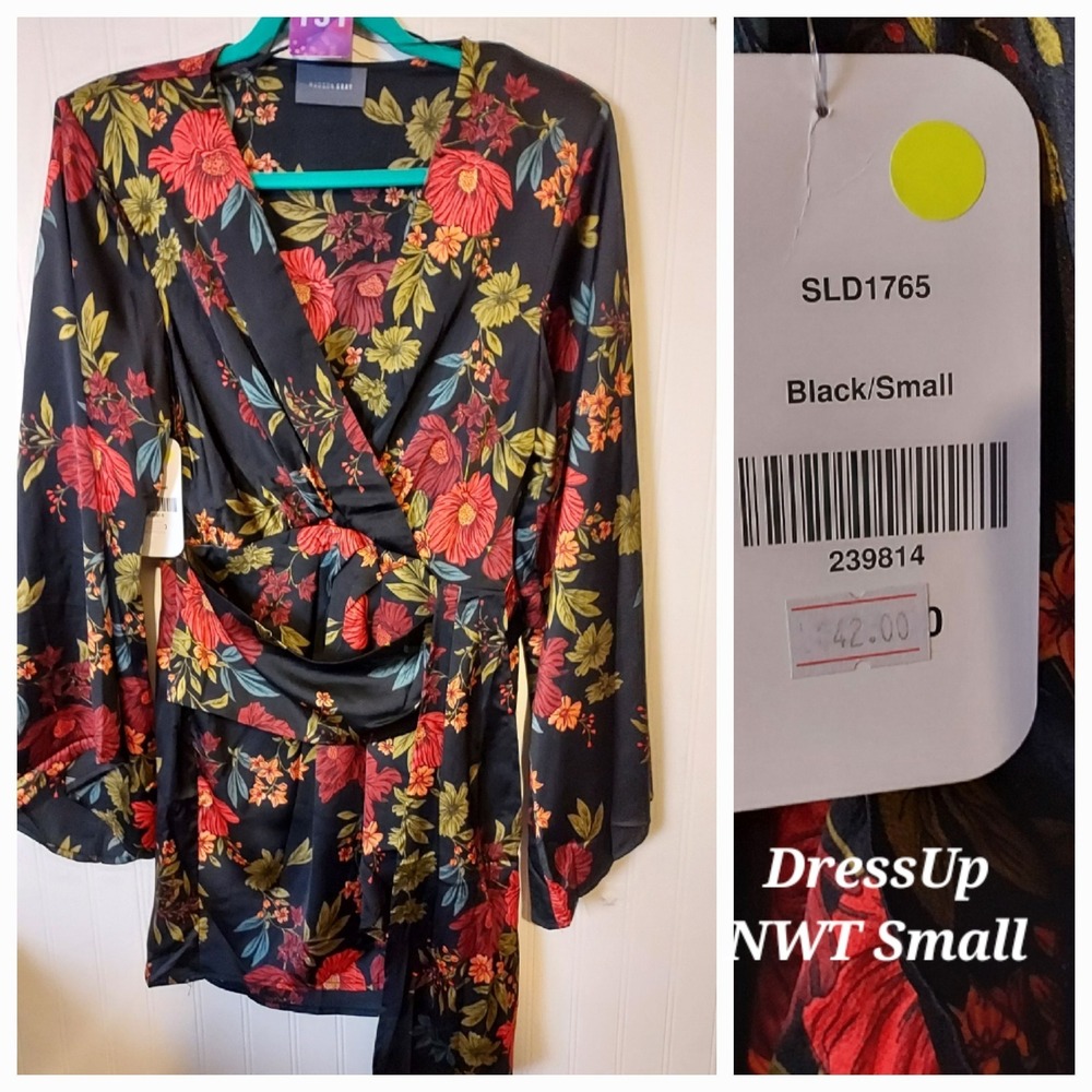 NWT DressUp Black Floral‎ Satin Faux-Wrap Mini Dress - Small